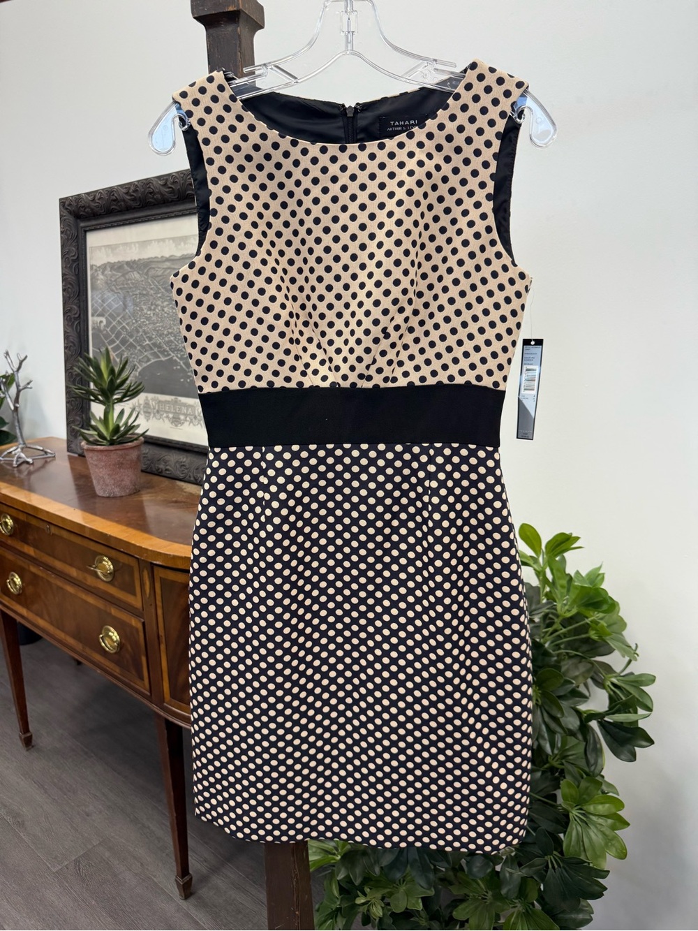 Tahari Black and Beige Polka Dot Sleeveless Sheath Dress with Waist Panel